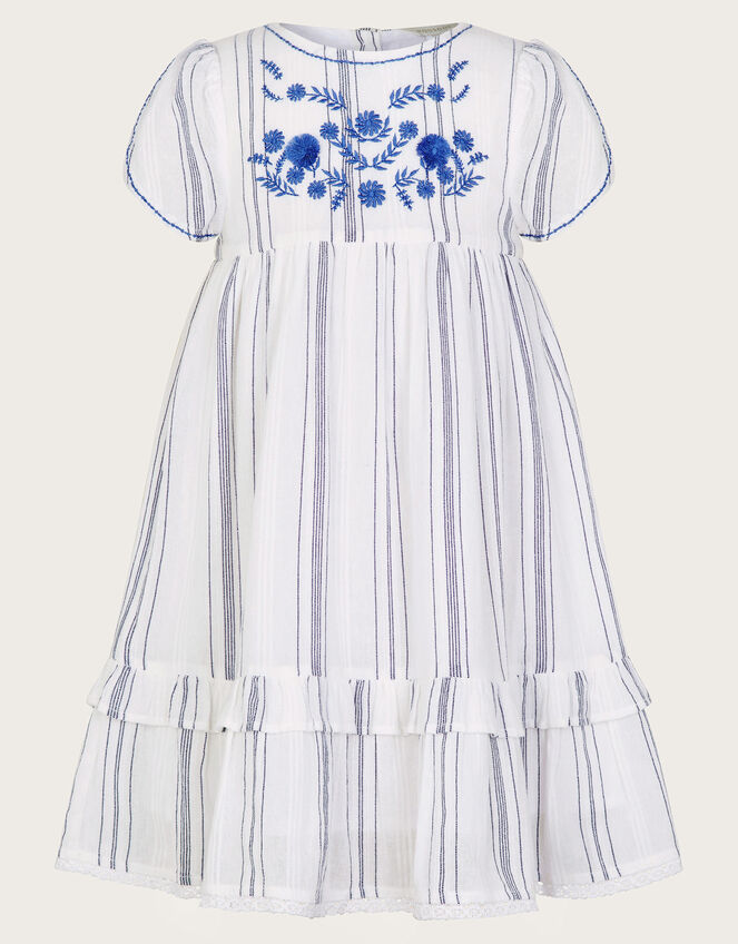 Floral Embroidered Stripe Dress, White (WHITE), large