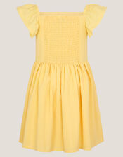 Stripe Shirred Lace Trim Dress, Yellow (YELLOW), large