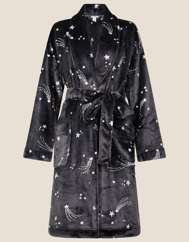 Shooting Star Print Fluffy Dressing Gown, Grey (CHARCOAL), large