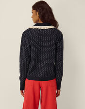 Camila Broderie Collar Cardigan, Blue (NAVY), large