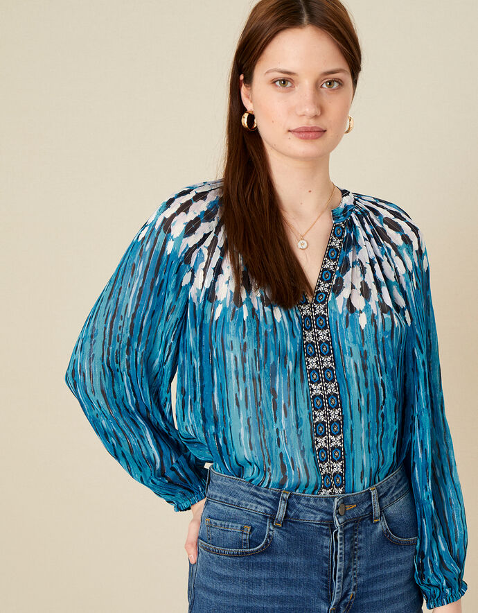 Feather Print Embellished Top Blue