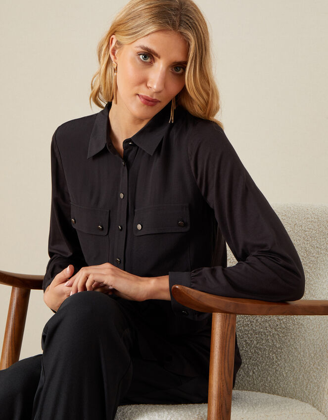 Woven-Jersey Mix Longline Shirt, Black (BLACK), large