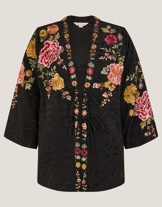 Maggie Tie-Front Embroidered Kimono, Black (BLACK), large