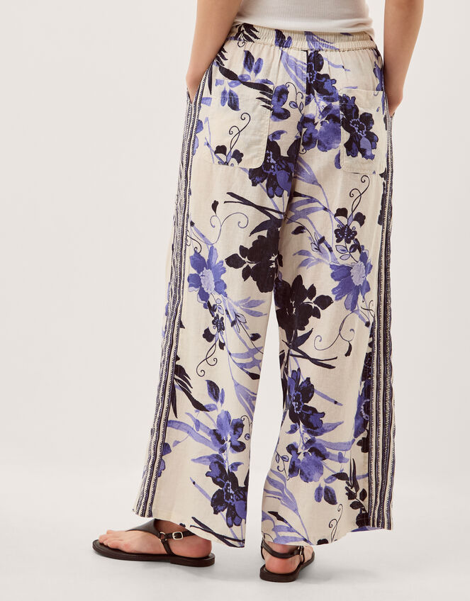 Nicolette Floral Linen Blend Wide Leg Trousers, Blue (BLUE), large