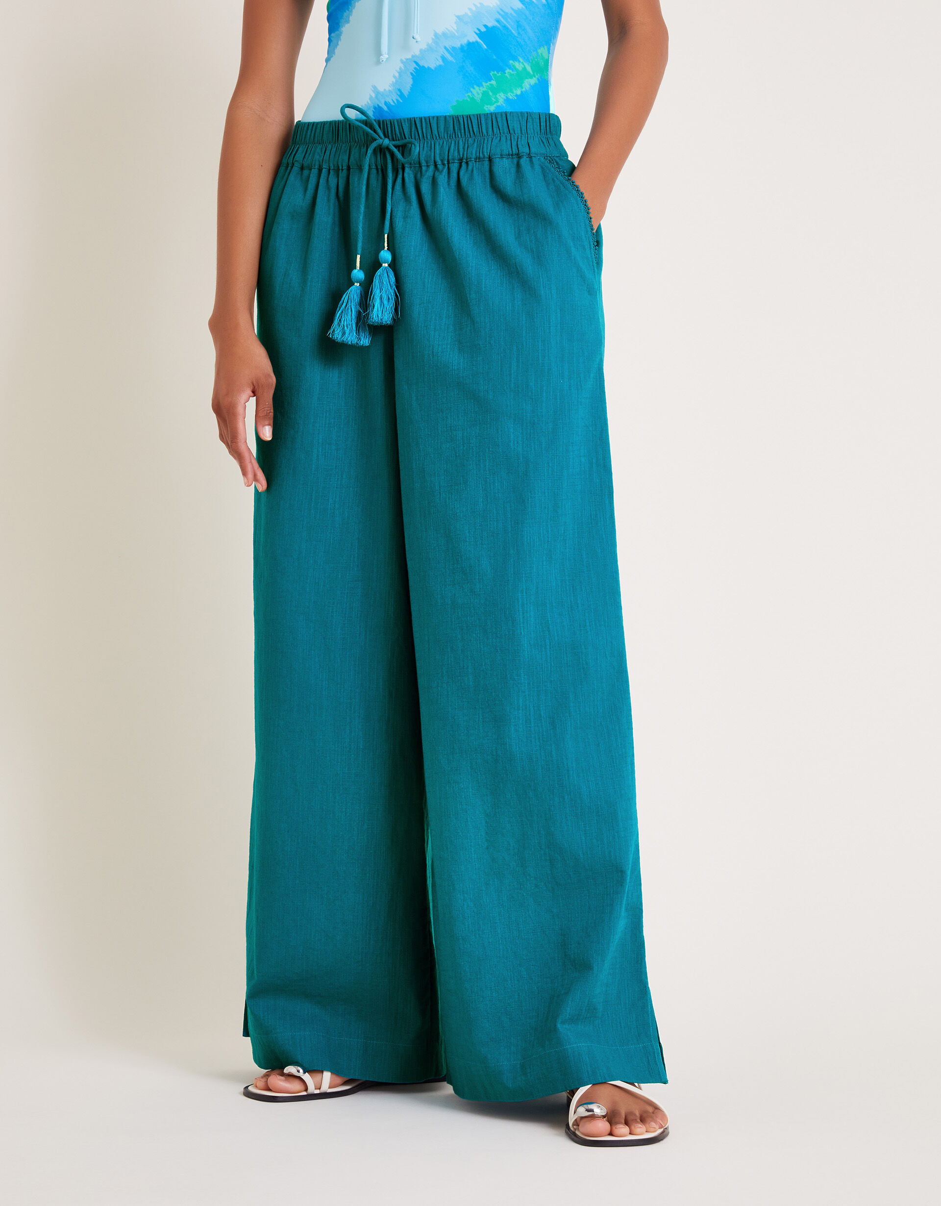 Turquoise wide leg trousers on sale