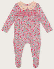 Newborn Shirred Ditsy Smocked Sleepsuit, Pink (PINK), large