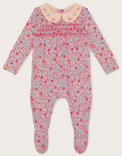 Newborn Shirred Ditsy Smocked Sleepsuit Pink, Pink (PINK), large
