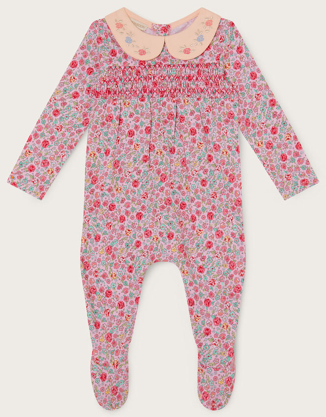 Newborn Shirred Ditsy Smocked Sleepsuit, Pink (PINK), large