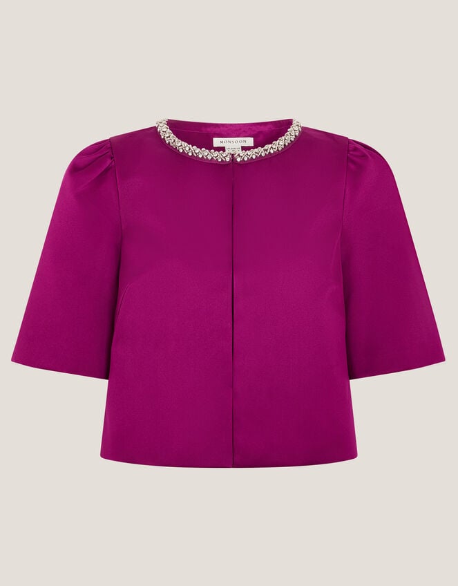 Saira Embellished Short Sleeve Satin Jacket, Pink (MAGENTA), large