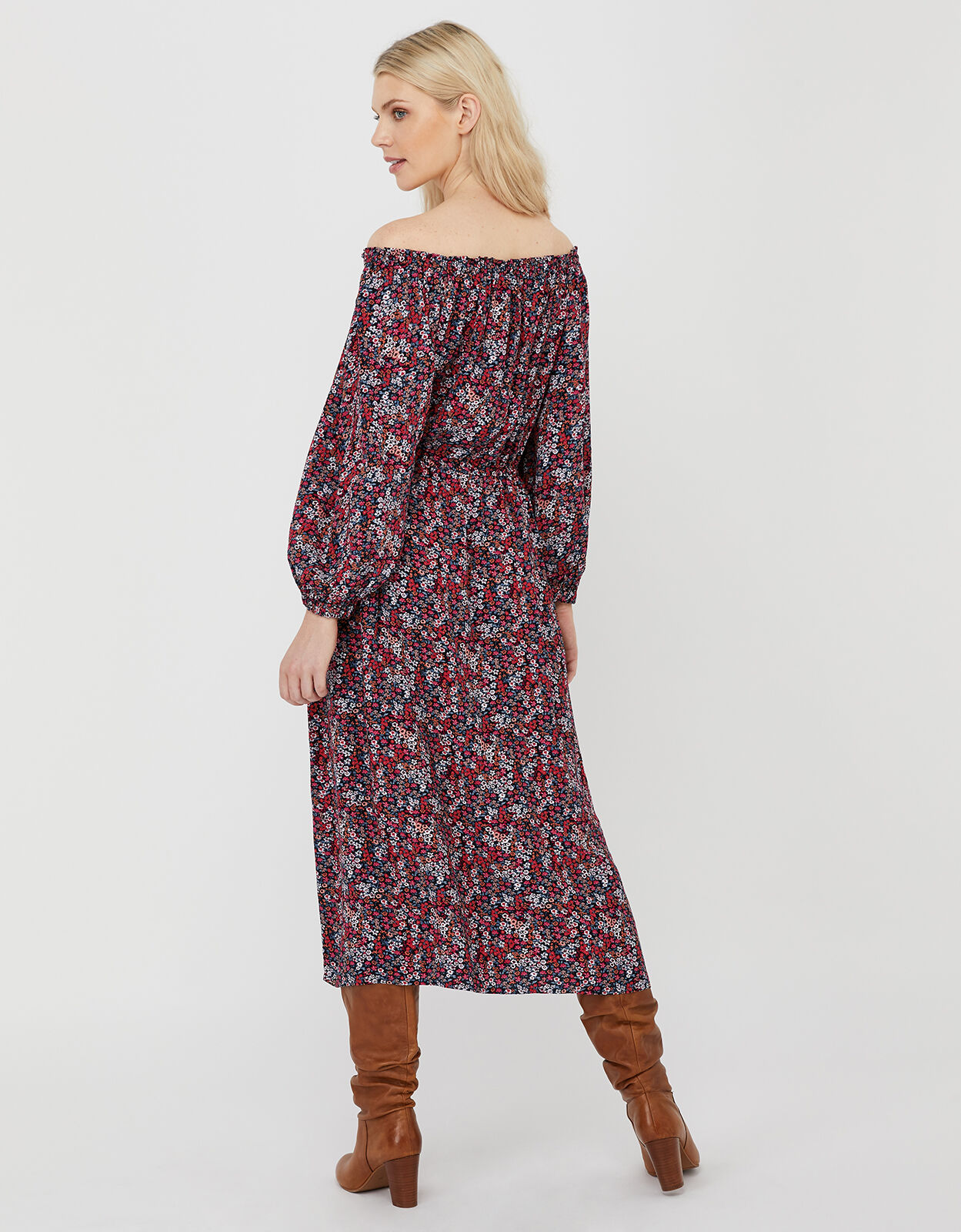 Ivy Ditsy Floral Bardot Midi Dress Red