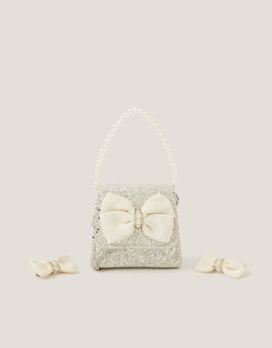 Glitter Pearl Bow Handbag & Hair Clips Set, , large