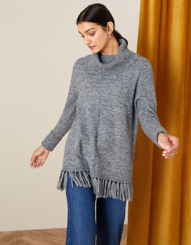 Fringe High Neck Jumper, Grey (CHARCOAL), large