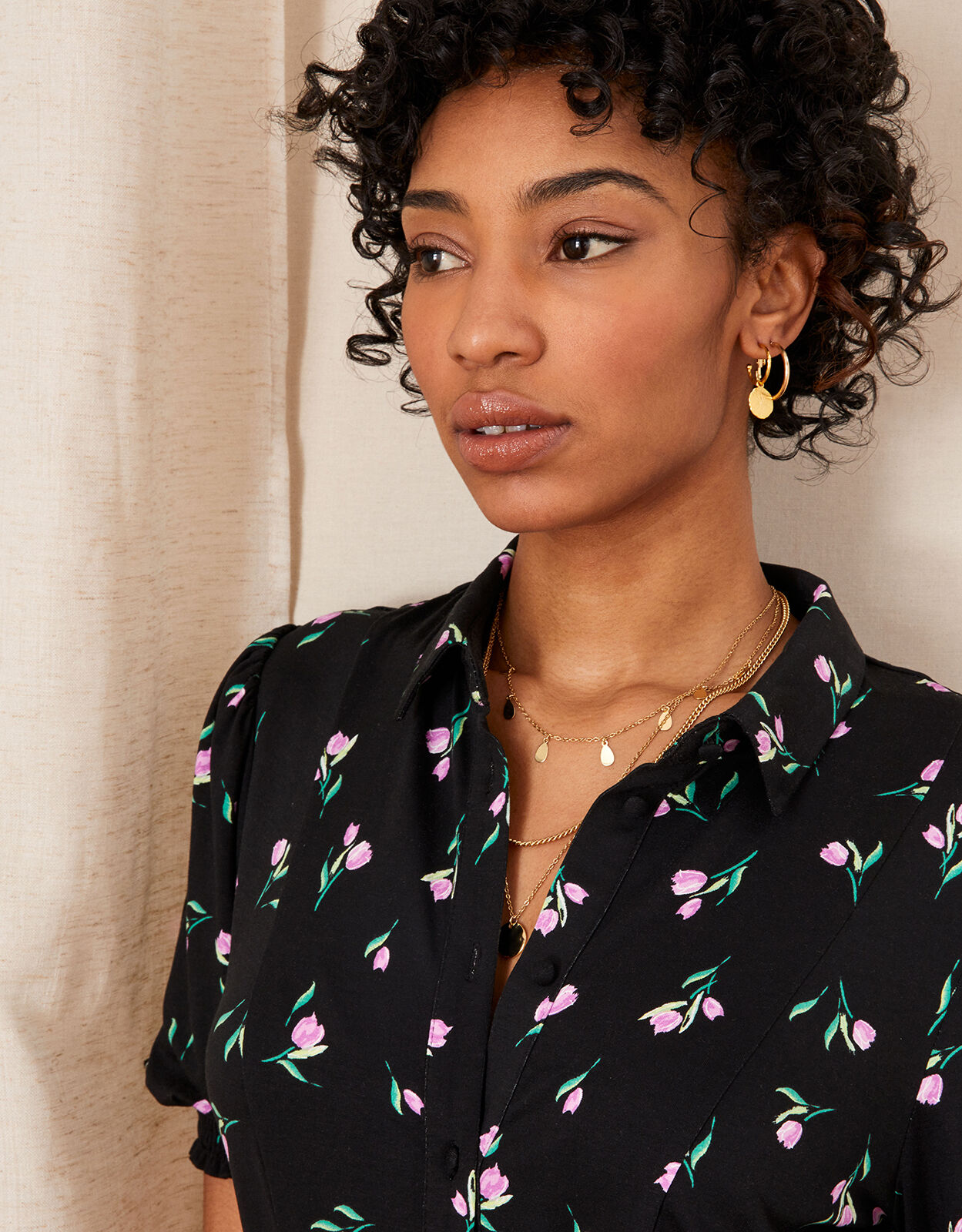 Floral Print Midi Shirt Dress Black