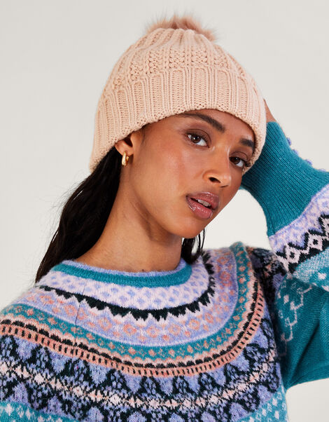 Knit Bobble Hat, Camel (BEIGE), large