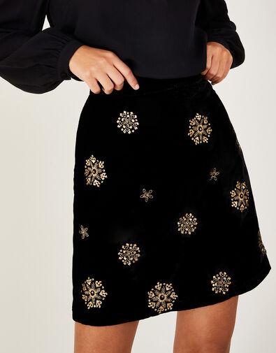 Lynne Embroidered Velvet Skirt , Black (BLACK), large