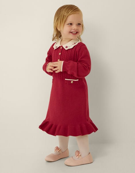Baby Embroidered Cable Knit Dress, Red (BURGUNDY), large