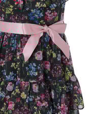 Botanical Print Chiffon Dress, Black (BLACK), large