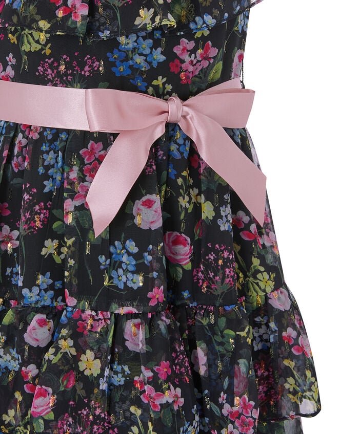 Botanical Print Chiffon Dress, Black (BLACK), large