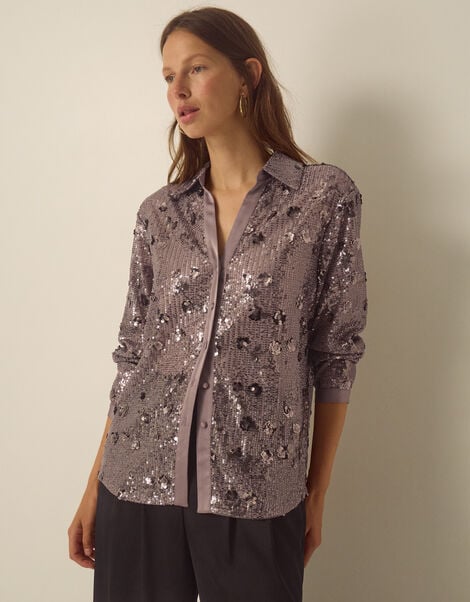 Seema Long Sleeve Sequin Shirt, Mink (MINK), large