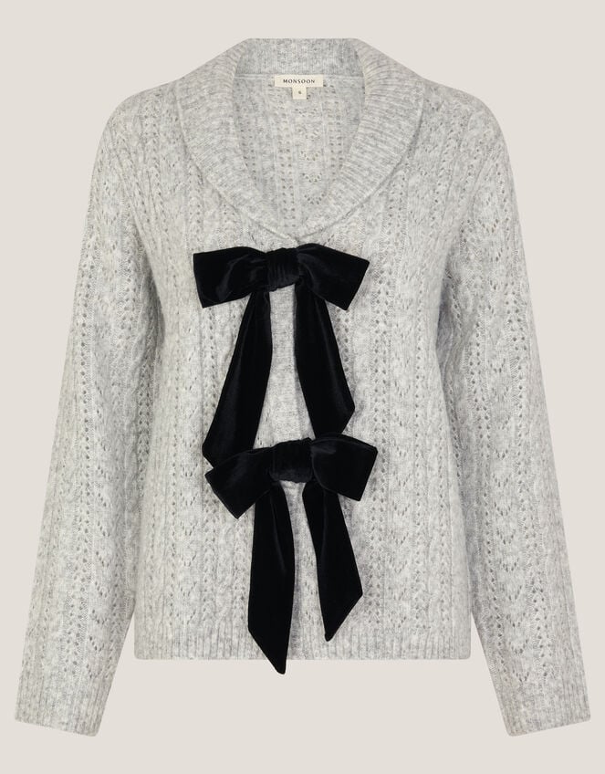 Bria Bow Cable Knit Cardigan, Gray (GREY), large