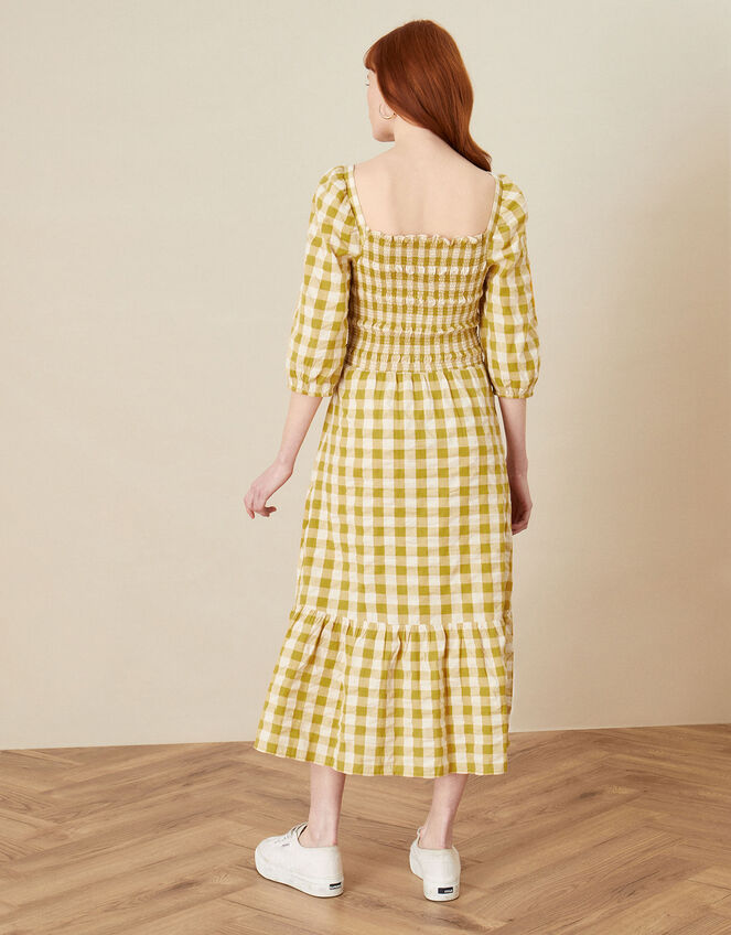 Smocked Check Dress, Yellow (OCHRE), large