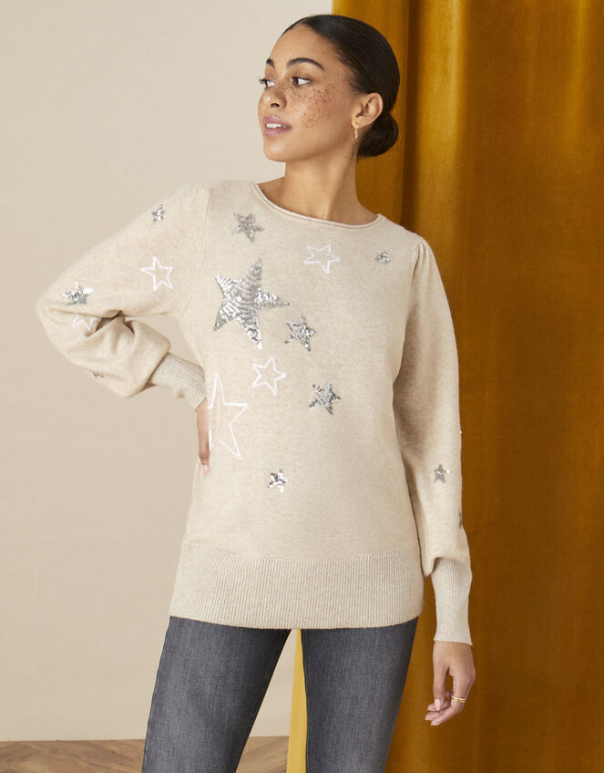 Evalyn Sequin Star Jumper, Camel (OATMEAL), large