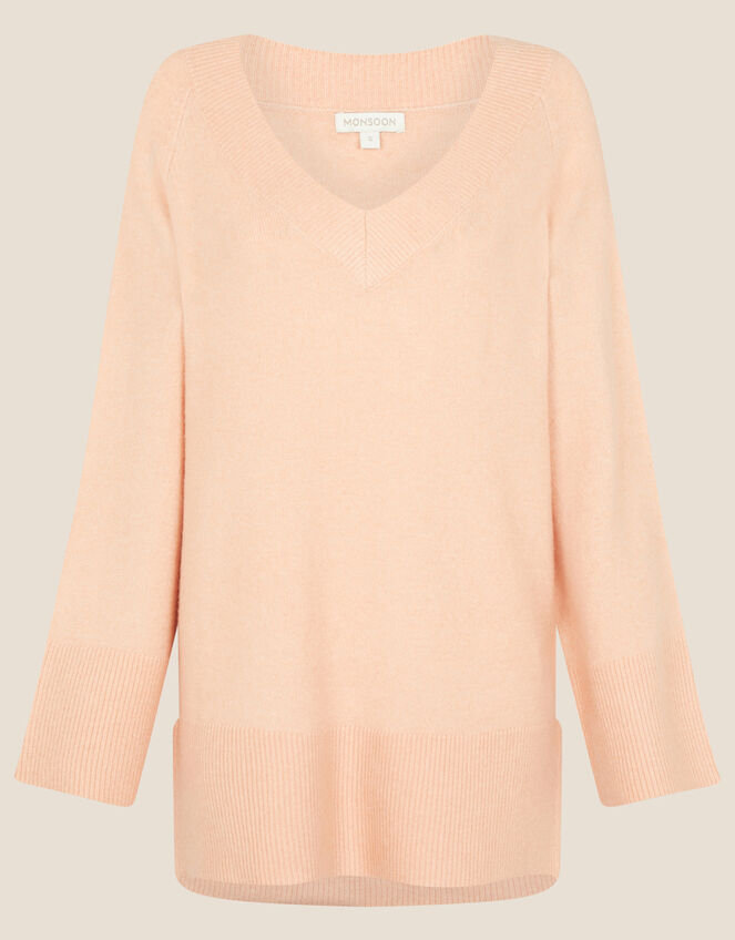 V-Neck Longline Jumper, Orange (PEACH), large