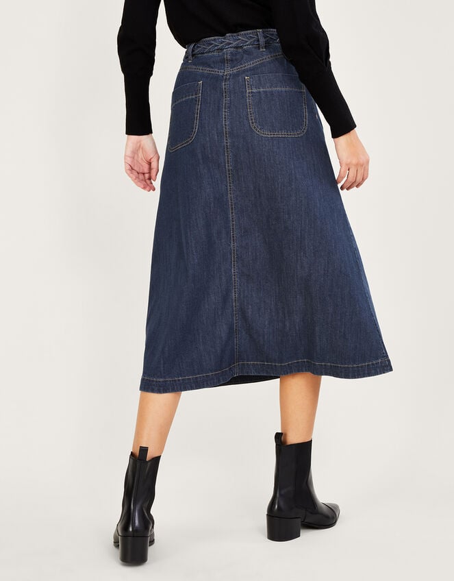 Plait Pocket Denim Midi Skirt in Sustainable Cotton, Blue (DENIM BLUE), large