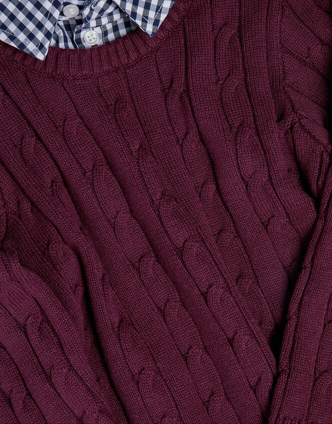 2-in-1 Cable Knit Jumper with Collar, Red (BURGUNDY), large