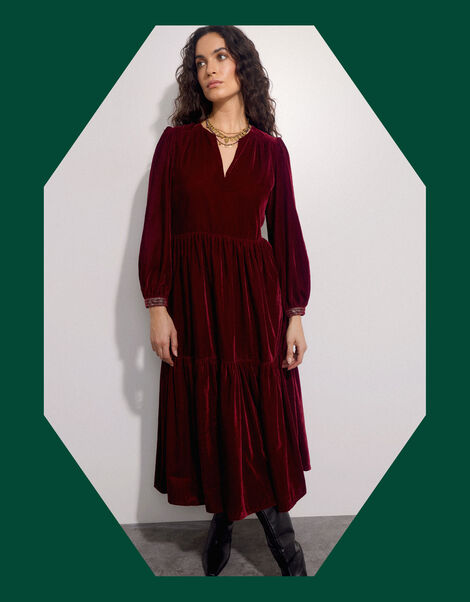 East Velvet Tiered Dress, Red (RED), large