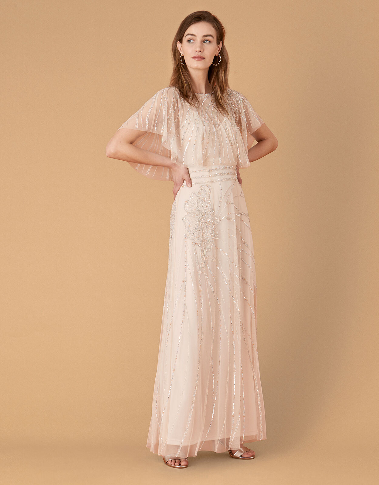 Florence Embellished Flutter Sleeve Maxi Dress Nude