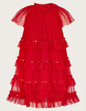 Sequin Bow Ruffle Trapeze Dress, Red (RED), large