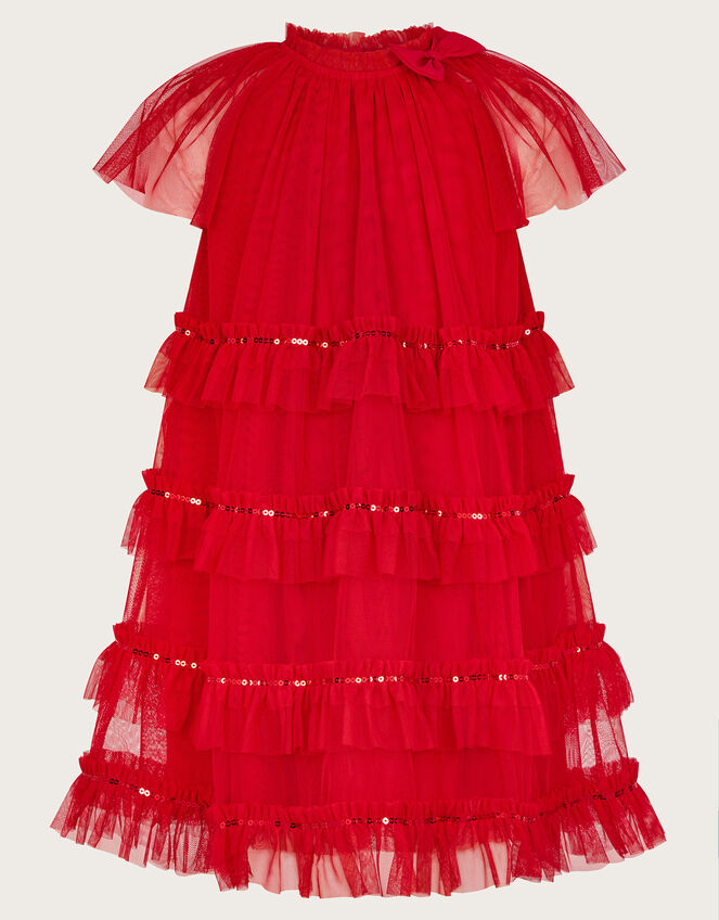 Sequin Bow Ruffle Trapeze Dress, Red (RED), large