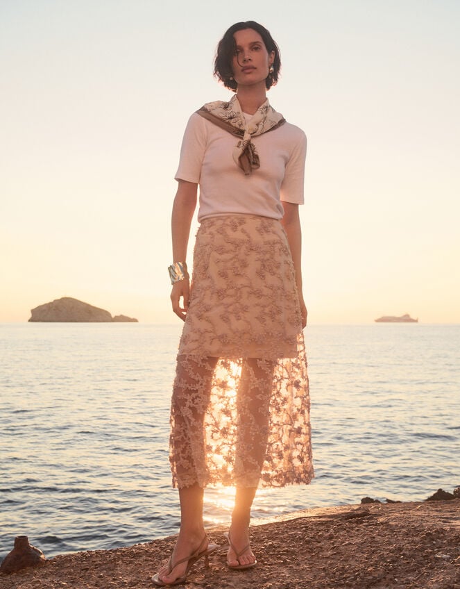 Alanna Sheer Appliqué Midi Skirt, Nude (NUDE), large