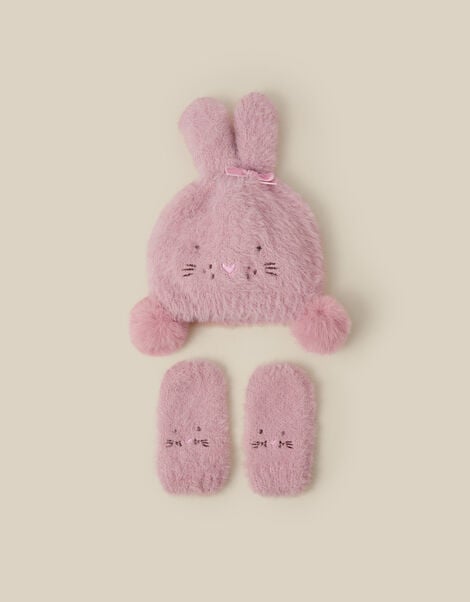 Baby Bunny Beanie Hat & Mittens Set, Pink (PINK), large