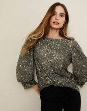Dylan Sequin 3/4 Sleeve Top, Green (SAGE), large