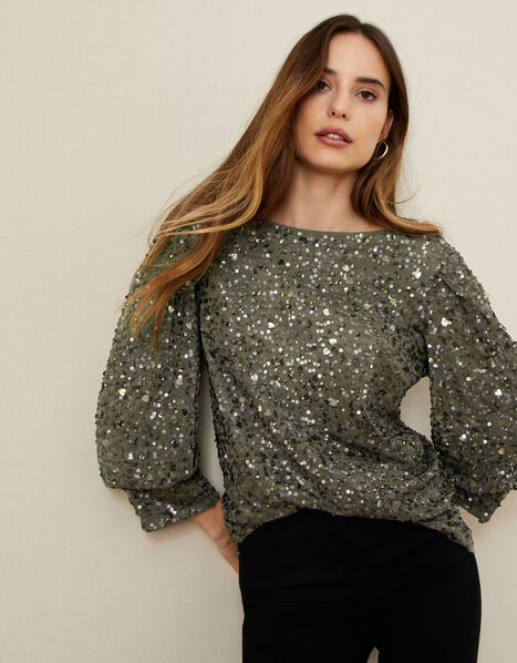 Dylan Sequin 3/4 Sleeve Top Green, Green (SAGE), large