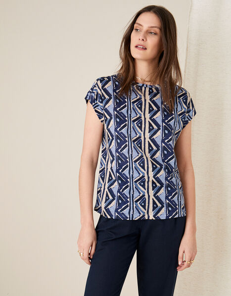 Berta Printed Top in Pure Linen Blue, Blue (NAVY), large