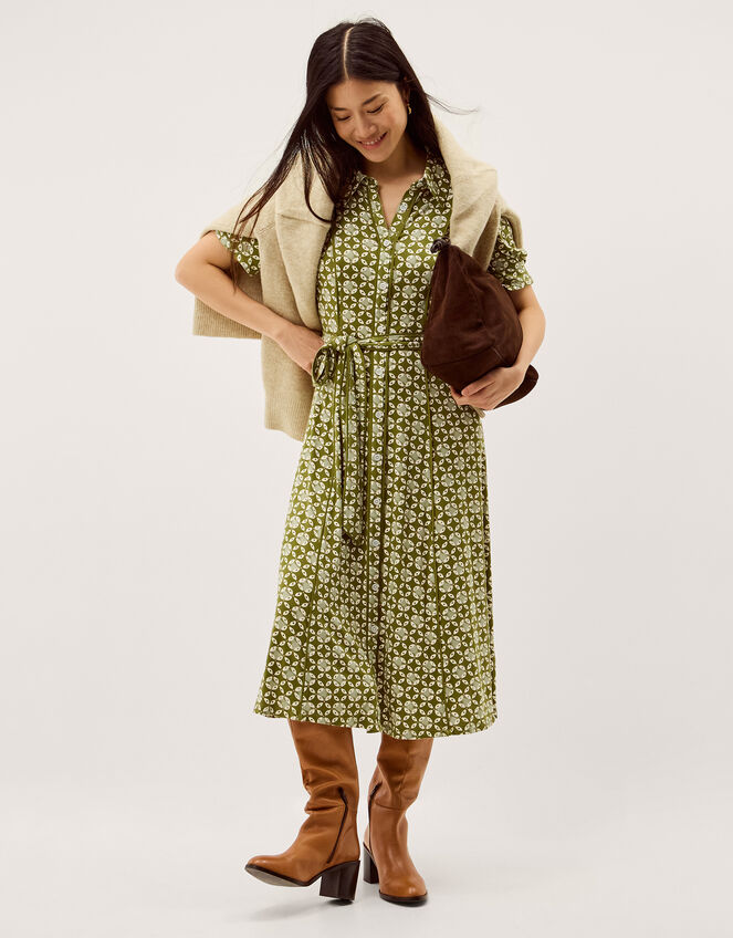 Kalani Geometric Jersey Midi Shirt Dress, Green (GREEN), large