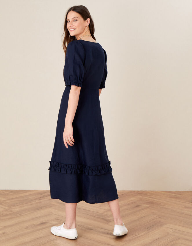 Frill Trim Dress in Pure Linen, Blue (NAVY), large