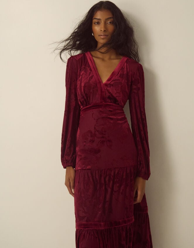Dolly V-Neck Floral Devor&eacute; Jersey Midi Dress, Red (BURGUNDY), large