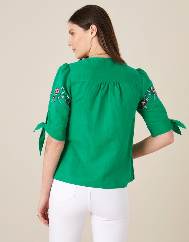 Floral Embroidered Top in Linen Blend, Green (GREEN), large