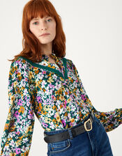 Floral Lace Detail Blouse in Sustainable Viscose, Green (GREEN), large