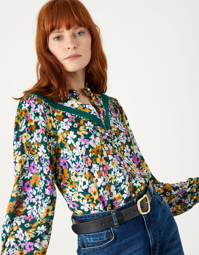 Floral Lace Detail Blouse in Sustainable Viscose, Green (GREEN), large