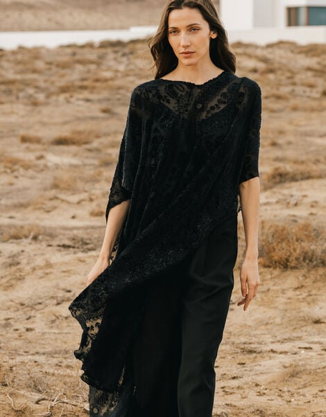 Traffic People Tallis Sheer Floral Poncho, Black (BLACK), large