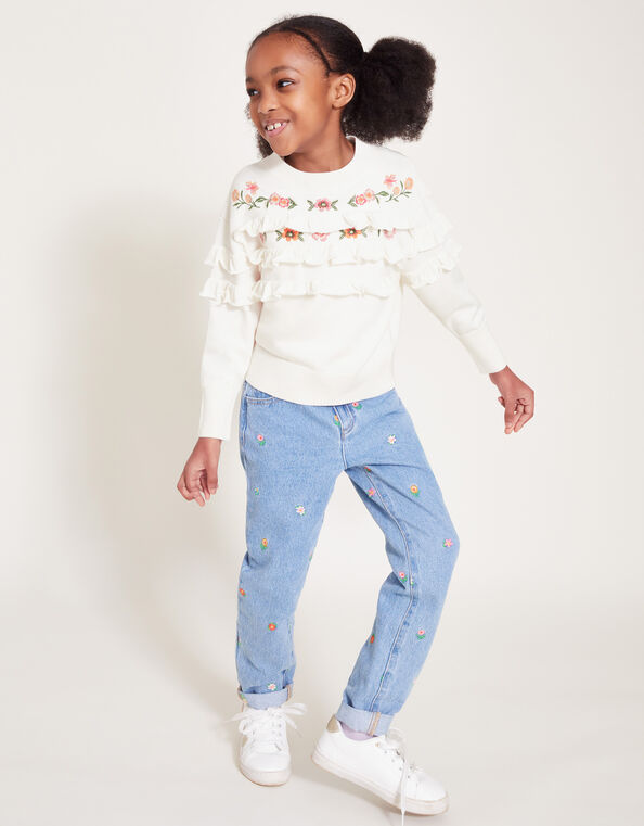 Embroidered Frill Knitted Jumper, Ivory (IVORY), large