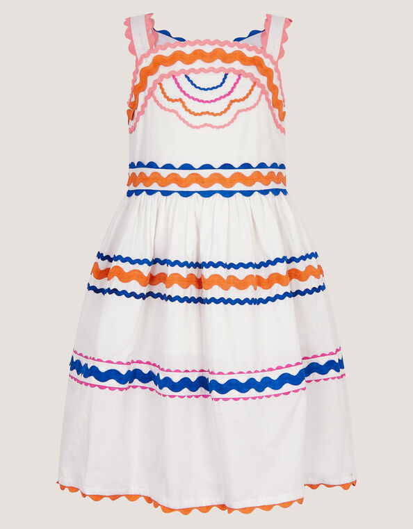 Ric Rac Embroidered Cotton Dress, White (WHITE), large