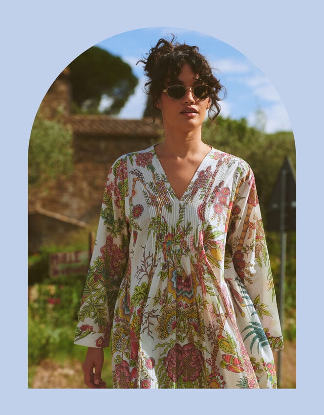 One Hundred Stars Boho Garden Print Maxi Dress, Natural (ECRU), large