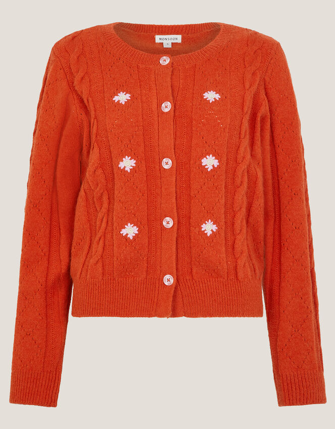 Enya Floral Cable Knit Cardigan, Orange (ORANGE), large