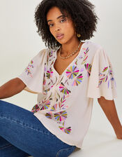 Farah Embroidered Top in Sustainable Viscose, Ivory (IVORY), large